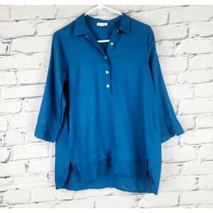 J.Jill Tunic Top Womens XS Love Linen Popover Blue 3/4 Sleeves Beachy Coastal